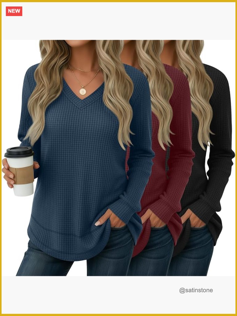 3 Pack Women's Waffle Knit Tunic Tops Long Sleeve V Neck Sweatshirts